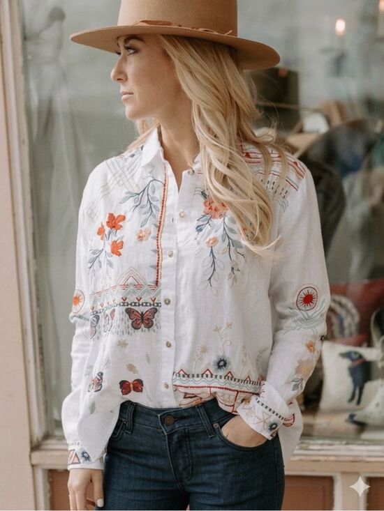Johnny Was Tops - Johnny Was Aravis Linen Embroidered Shirt White Size XS